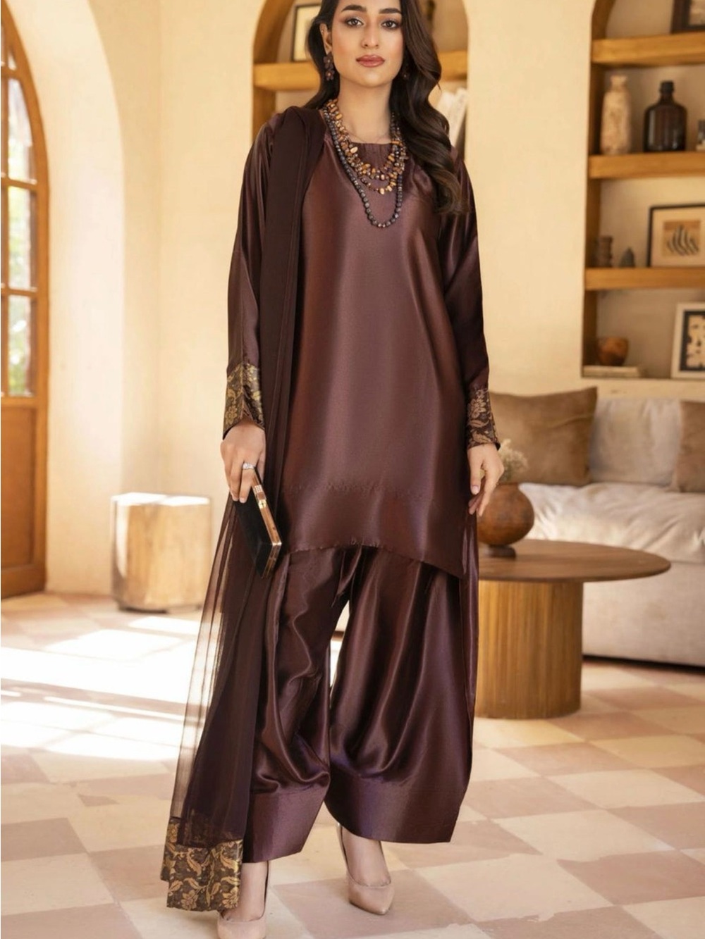 Elegant Brown Satin Silk Farshi Salwar Kameez with Chiffon Dupatta (Fixed price)